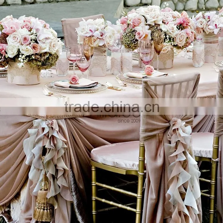 Hot sale 2016 wholesale blush chiffon ruffled wedding chair cover sash hood