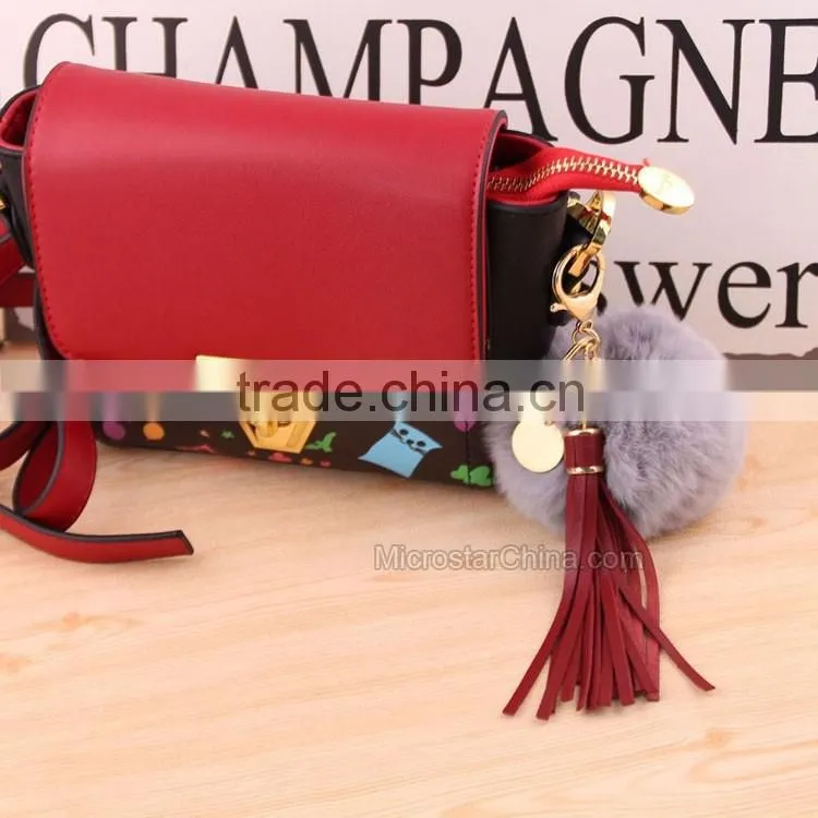Custom Logo Genuine Leather Tassel Rabbit Fur Key Chain Pom Pom Fur Keychain