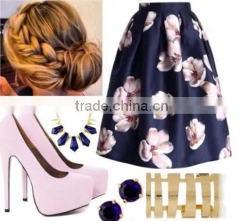 New Fashion Women's Retro Vintage Style Fashion Floral Casual Pleated Midi Puff Bubble Skirt