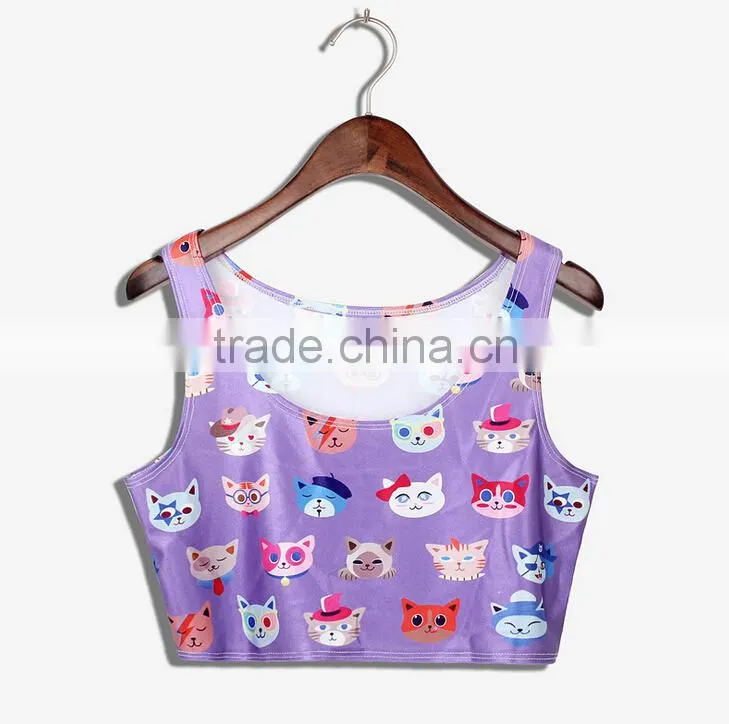 2015 Women Crop Tops wholesale Sublimation Cartoon Print Custom Design N7-39