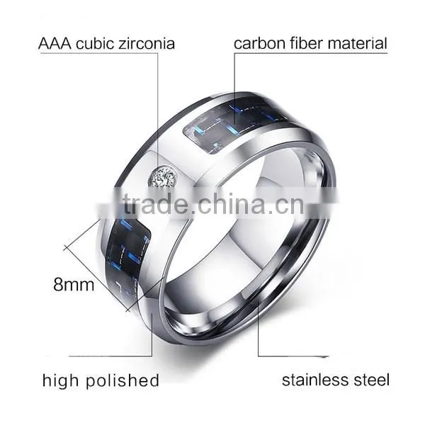 2016 Fashion Men Zircon Black Carbon Fiber Stainless Steel Ring