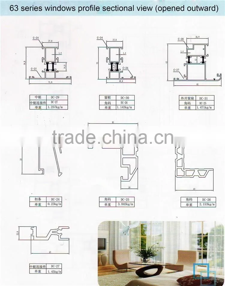 63 series windows aluminum profiles opened outward