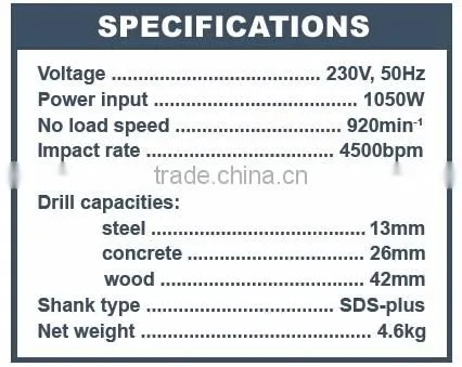 JRH1050 1050W 26mm Electric rotary hammer, 26mm rotary hammer