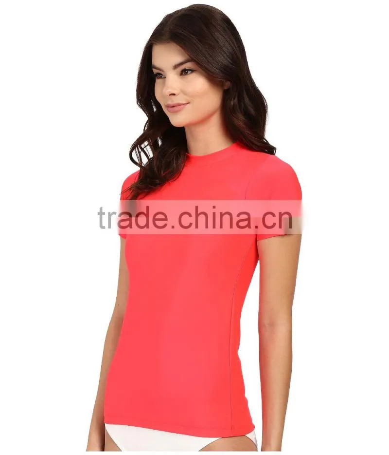 OEM Swimwear And Beachwear Core Loose Short Sleeve Rashguard UPF 50 Skinny High Neck Swimsuit Surf Swim Rash Guard Shirt Lady