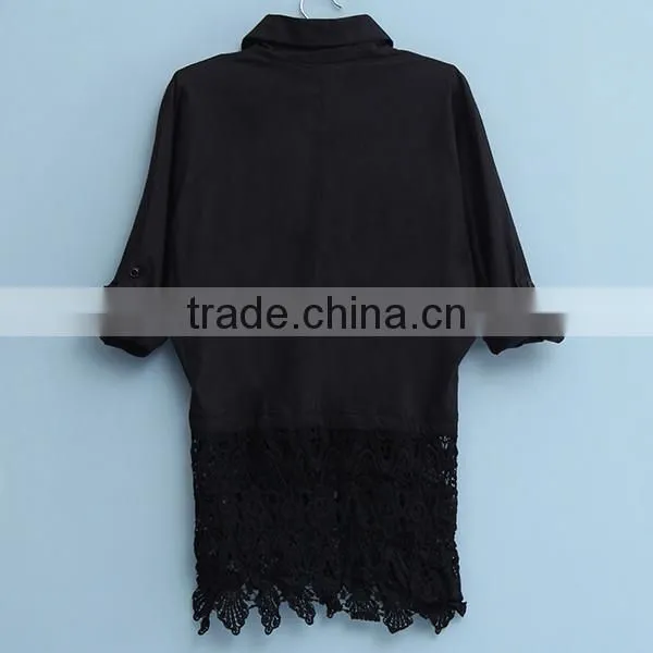 2015 Womens Tops Fashion Sexy Lace Hem Stitching Loose Bat Sleeve Chiffon Blouse Long Sleeve Casual Leisure Shirt