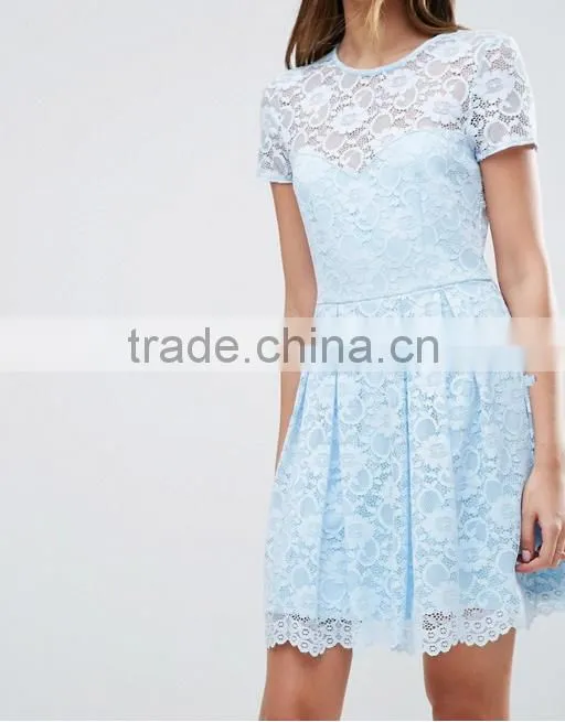 Guangzhou clothing OEM Blue Pleated Skirt Lace Mini T-Shirt Dress