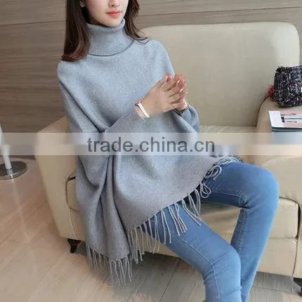2016 korea knitwear sweater new design poncho cloak sweater with tassels