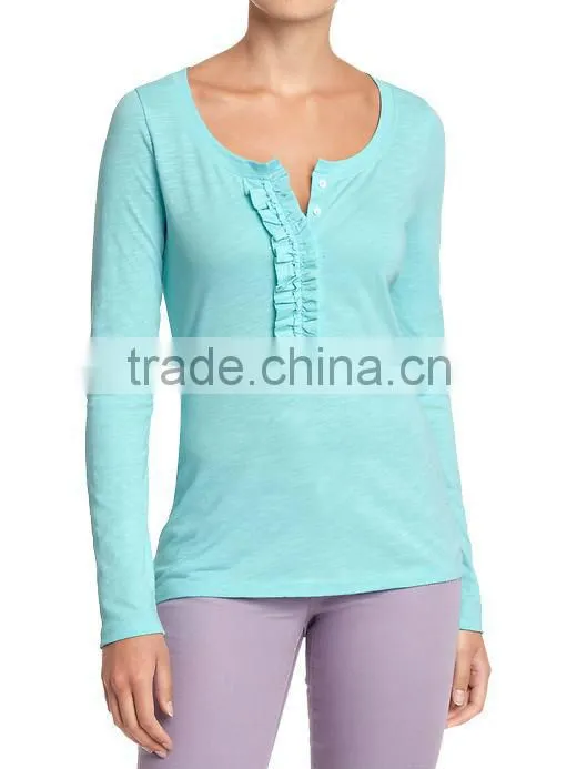 Womens striped long sleeve t shirt with ruffled placket