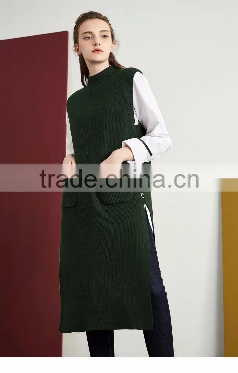 2017 new design women green color Vest sweater Stand collar side vent sweater