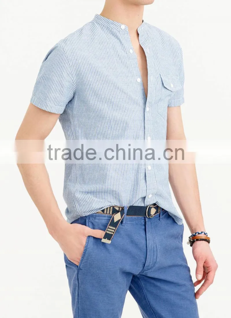 2015 classic fit short sleeve stand collar shirt in deep cove stripe classic design hot sell custom striped shirt