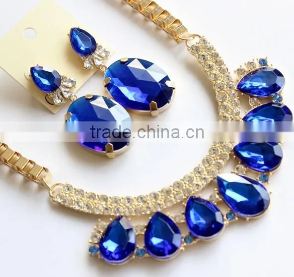 Fashion Sapphire Blue Gem Statement Necklace Earrings Set Jewelry Set