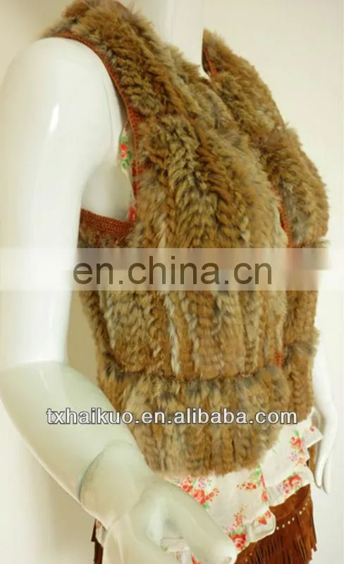 2013 ladies new fashion rabbit fur Knitting grid design brown orange vest in spring