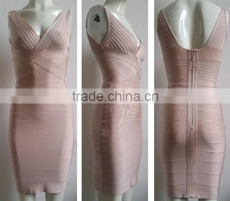 Summer dress wholesale top quality 2015 new fashion women attractive rayon stretch v neck nude sey mini bodycon evening party Ba