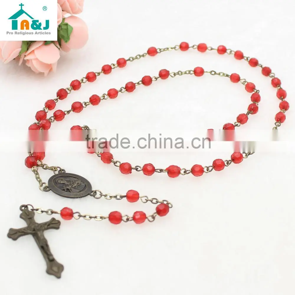 Religious red plastic rosary bead wholesale necklace