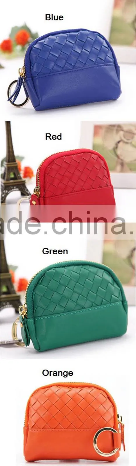 Women mini faux leather zipper coin bag with keyring