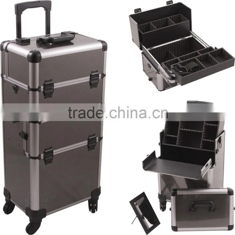 Professional 2n1 Aluminum Rolling Hairstylist Makeup Case with 4 Wheel Trolley