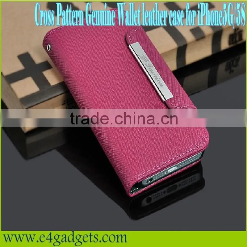 High Quality and Fashion design Cross Pattern cowskin folio wallet leather case for iphone5 with card slots