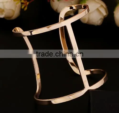Vintage Gold Stainless Steel Texture Lines Open Cuff Bracelet Bangle for Women