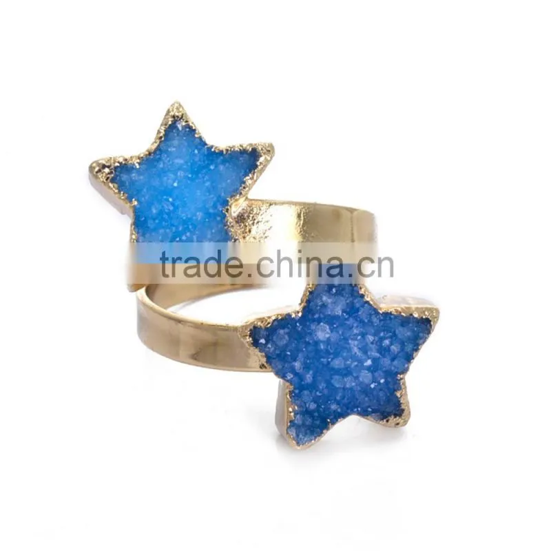 50pcs Raw Blue Apatite Dual gemstone Ring 2 color Five-pointed star Double Stone Ring Golden Adjustable Ring