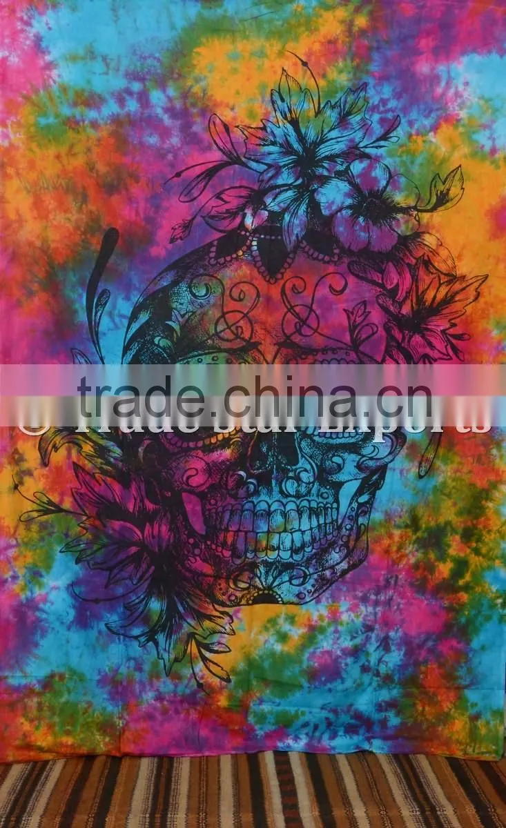 Hippie Twin Skull Tie & Dye Wall Art Boho Cotton Wall Hanging Home Decor Tapestry