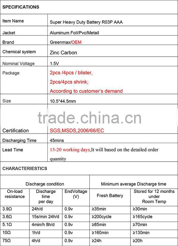 MSDS R03P UM-4 1.5V Dry AABattery