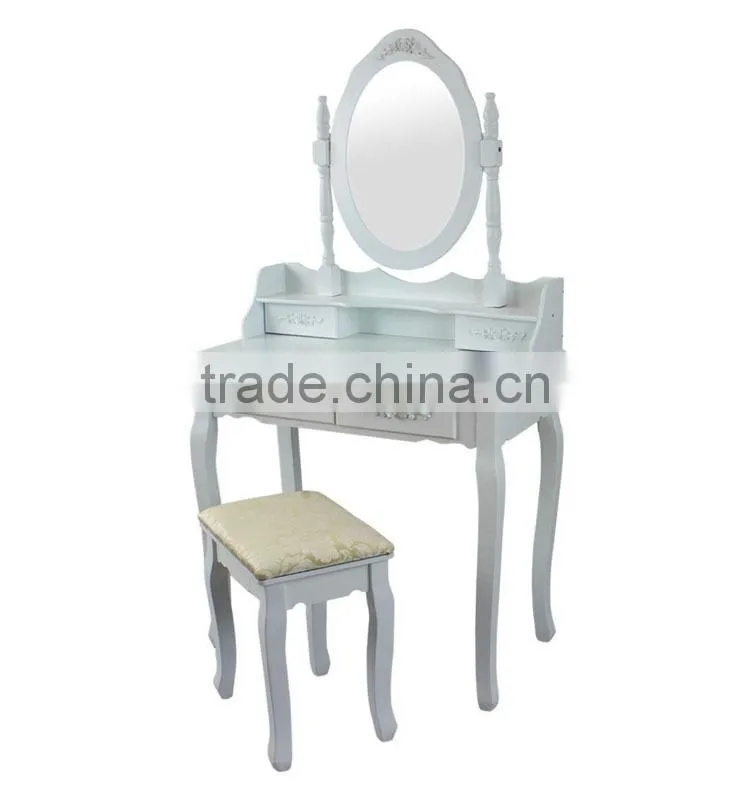 Wooden 4-Drawer Vanity Table in White W/ Stool and Cheval Mirror