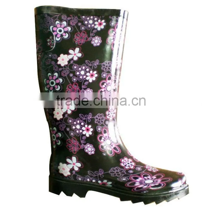ladies rubber mature flower pattern rain boots