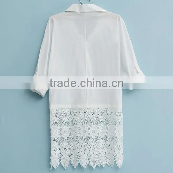 2015 Womens Tops Fashion Sexy Lace Hem Stitching Loose Bat Sleeve Chiffon Blouse Long Sleeve Casual Leisure Shirt