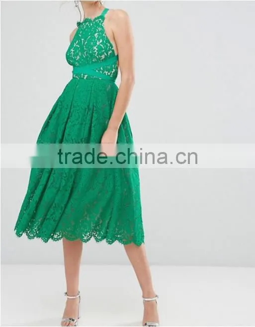 Lace clothing OEM Square neck Box-pleat skirt prom dress fashion design Midi Prom Dress