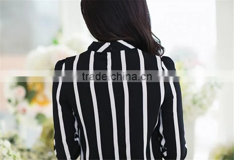 Fashion Korea Womens Stripe Blouse Long Sleeve Shirt Chiffon Slim Fit Tops