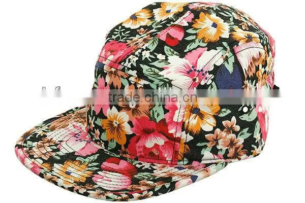 Womens hawaii style causual hat wholesale floral 5 panel cap and hat