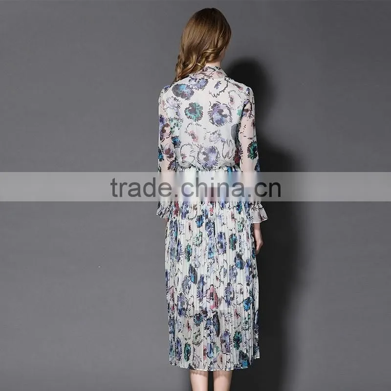 Maxnegio elegant maxi long sleeve office chiffon pleated maxi dress