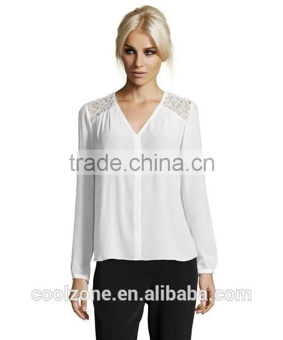 100% Polyester long sleeve v neck blouse Hi-low woman blouse
