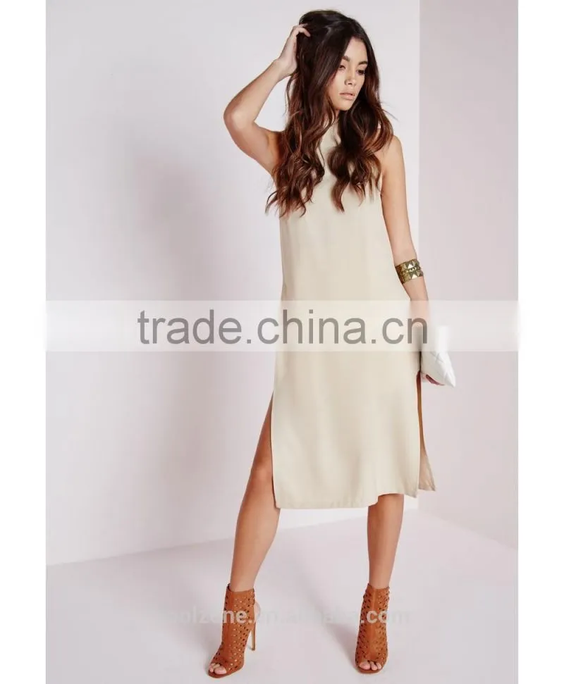 2015 fashion elegant design sleeveless high neck side split chiffon blouse