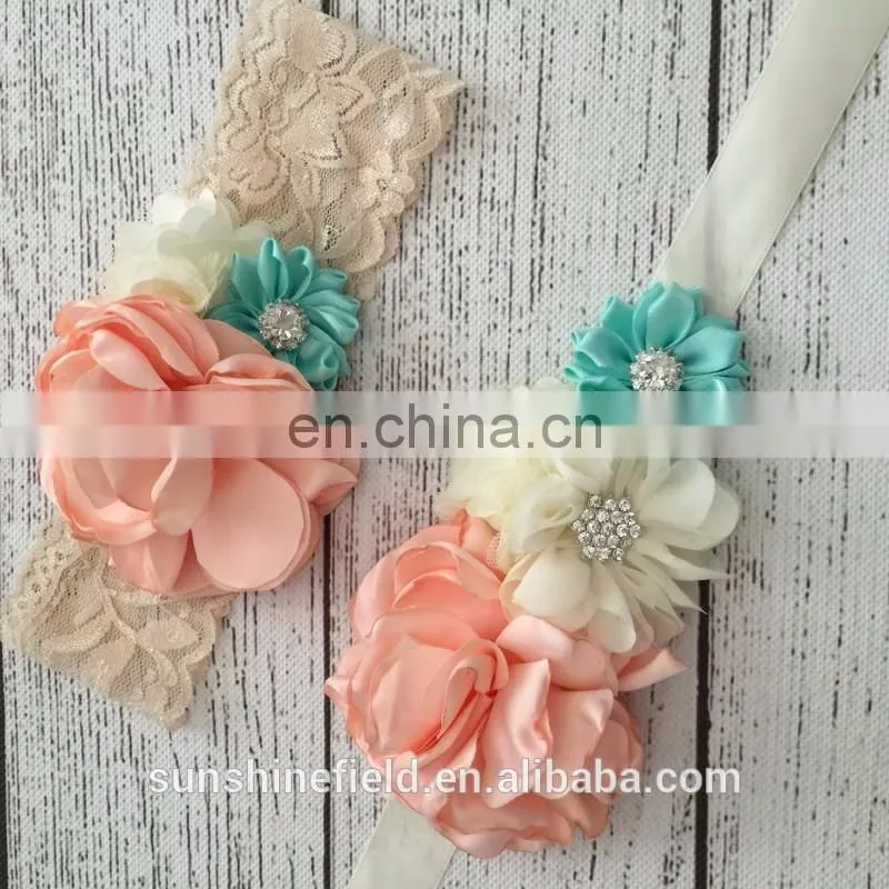 Nude Mint Sash Matching Baby Headband Vintage Inspired Flower Sash Queenbaby Headband Luxe Sash