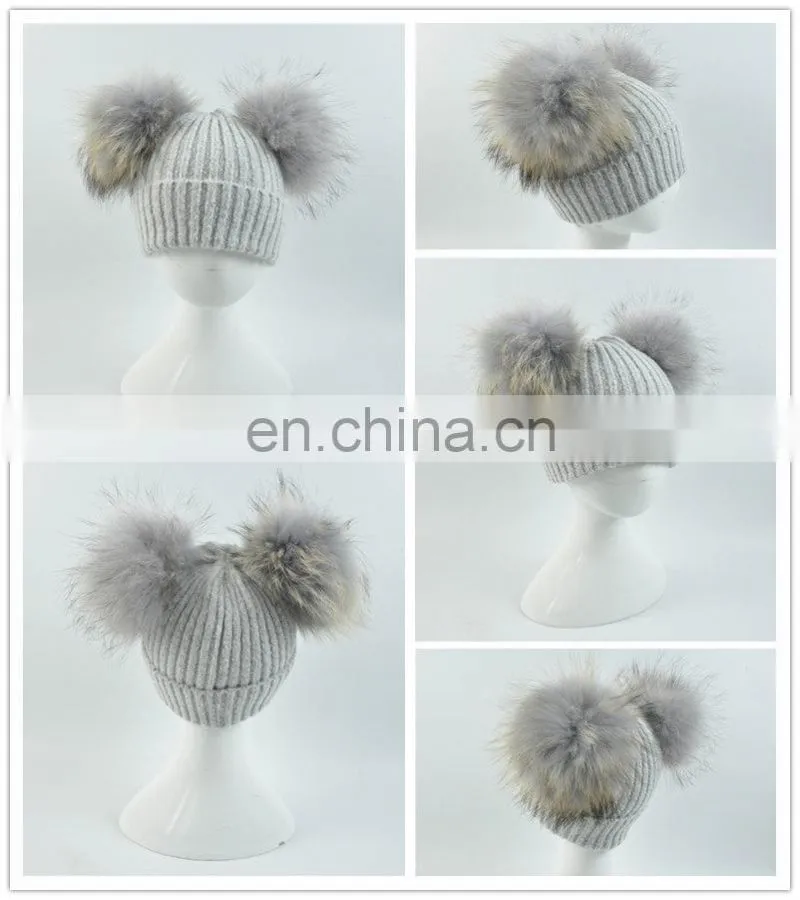 Kids Removable Fur Bobble Hat Winter Double Pom Pom Hat Crochet Kids Hat
