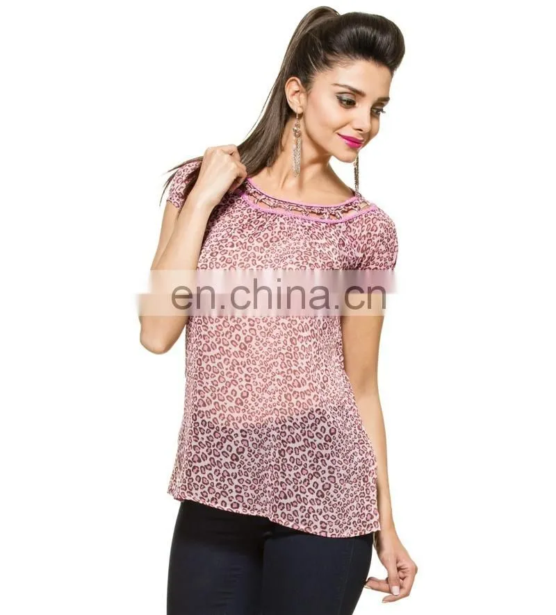 2015 Latest Animal Print Kaftan For Ladies And Girls Pink Animal Printed Georgette Top