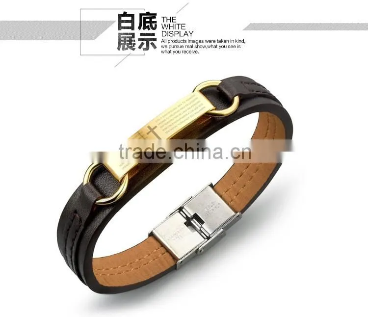 Genuine PU Leather Screw Bracelets 316L Stainless Steel Spanish Bible the Lord's Prayer Bangles