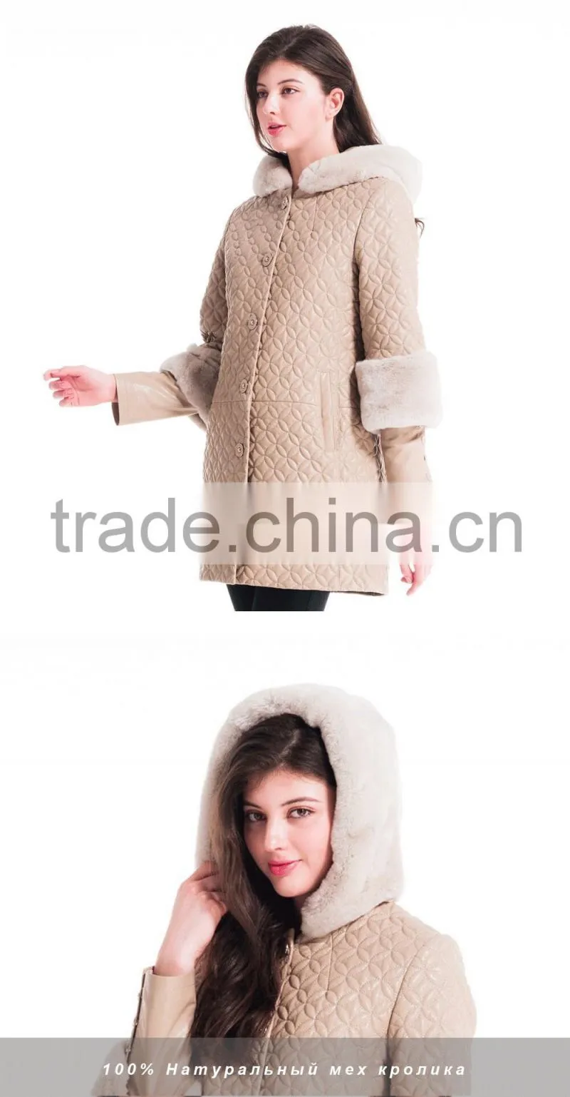 Winter Women Medium Length Embroidered Leather Coat With Detachable Beaver Rabbit Skin Hat Overcoat