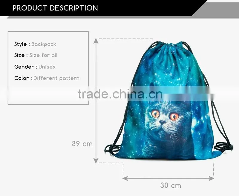 2016 Fashion summer backpack drawstring bag galaxy mustache digital print sewing No raw edges tote tutorial with travel stuff