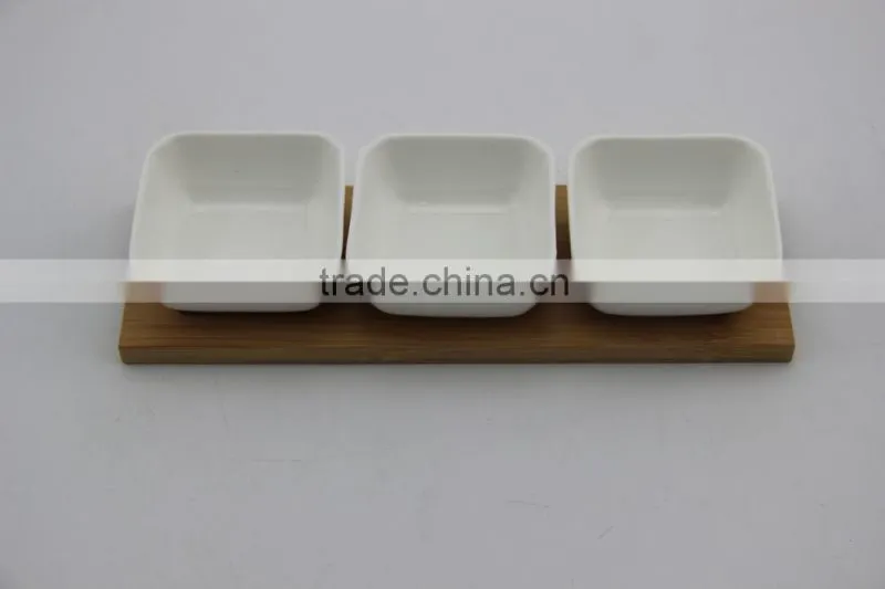 white porcelain chip and dip bowl set bamboo tray