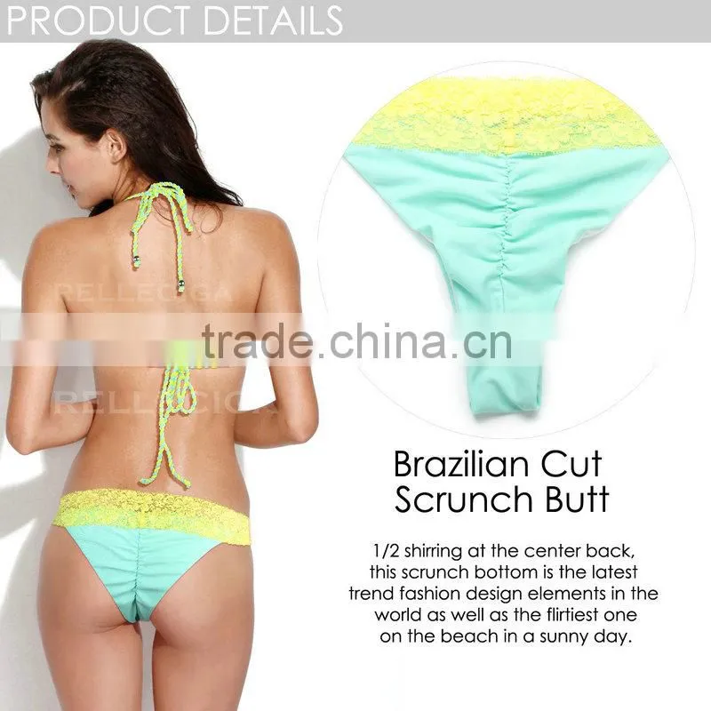 RELLECIGA 2016 Lace Collection -Mint Green + Yellow Floral Lace Bikini Swimsuit with Triangle Top and Brazilian Cut Scrunch Butt