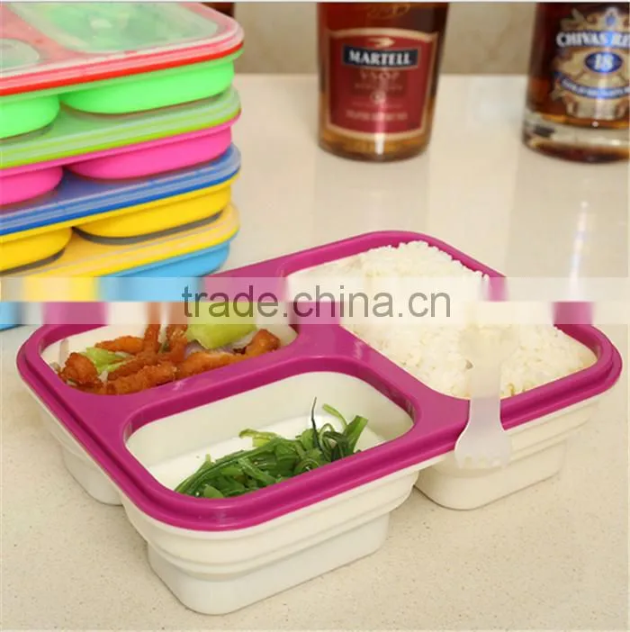3-compartment Food Container,Lunch Box, Leak Proof,Microwave Safe,Silicon Collapsible Lunch Box,Tray with Lid silicone lunch box