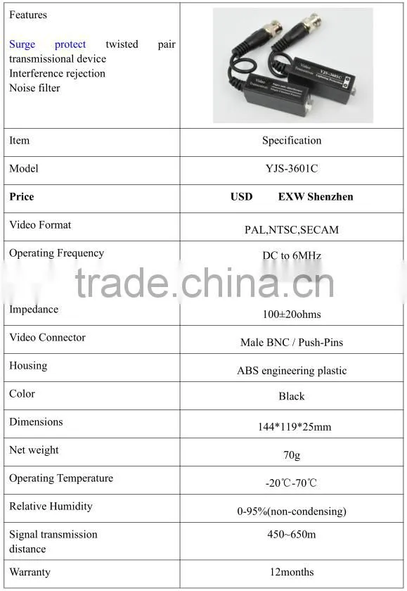 2016 CCTV security system BNC Twisted Transceiver Video Balun to UTP Passive Transceive CAT5 Cable for camera DVR YJS-3601C
