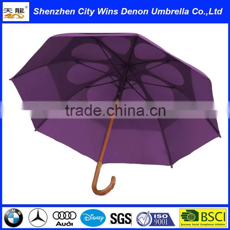 Wholesale classic automatic custom OEM amazon hot sale air vents wooden stick umbrella with wood hook handle