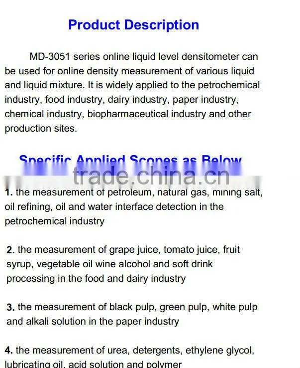 Smart MD-3051 online density meter with ISO9001:2000 in the softdrink industry with 4-20mA