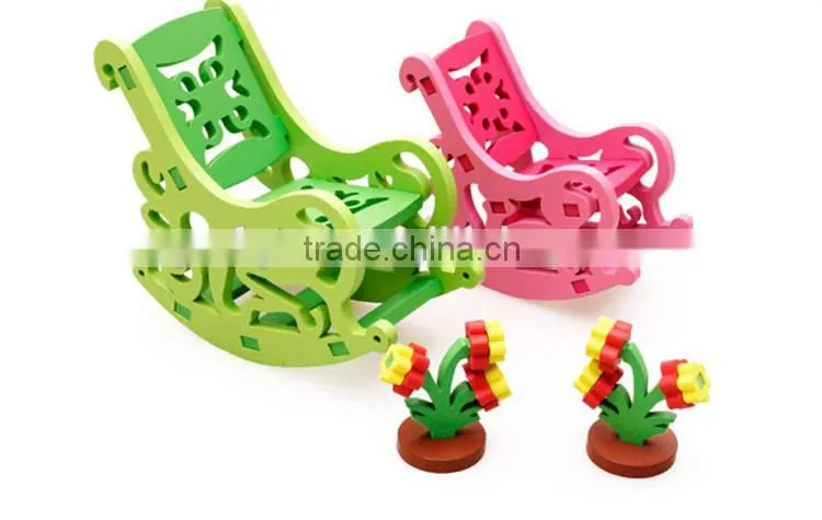2016 new design colorful chair happy wooden 3d puzzle for kids