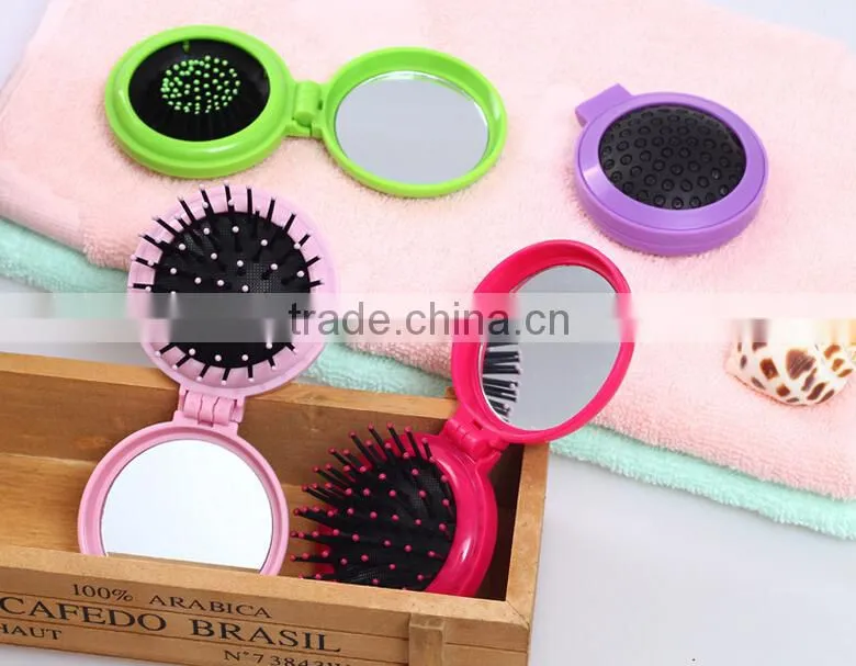Yiwu Wholesale High Quality Mini Round Shape Folding ABS Head Massage Comb with Mirrow