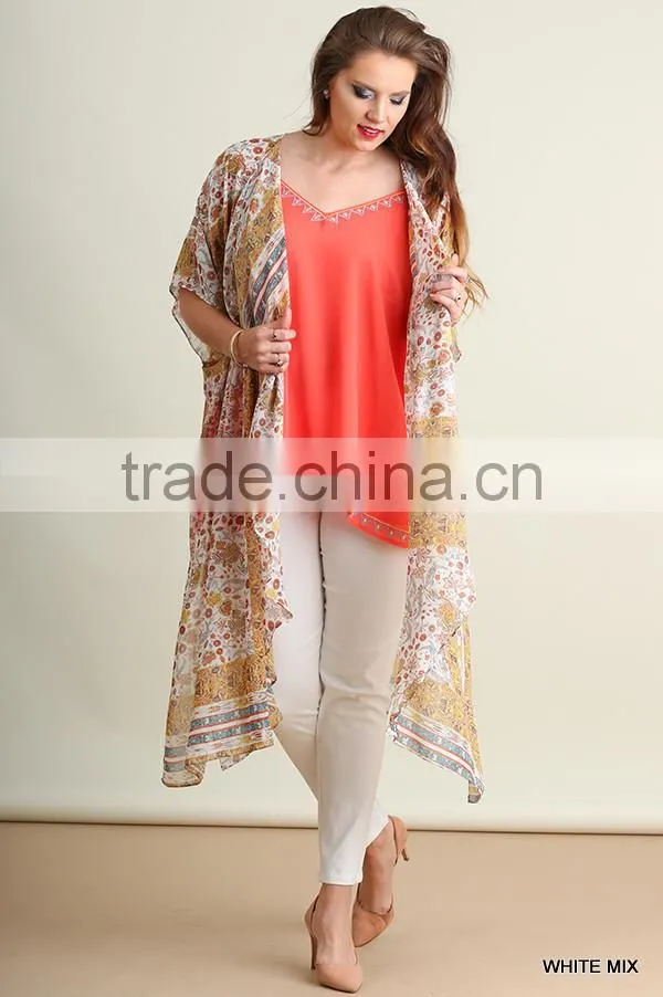 Cardigan Muslim Style Women Abaya Polyester Bohemian Print Chiffon Long Line Open Cardigan Guangzhou Lady Plus Size Clothing