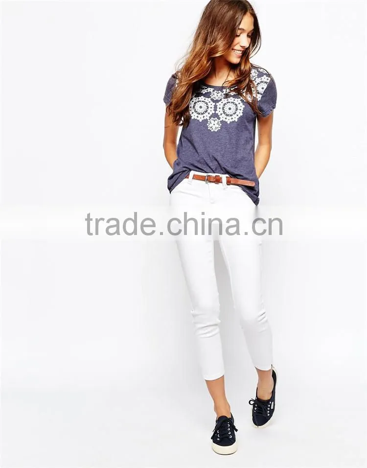 Girls round neck lace rosette printed 100 percent cotton t shirts